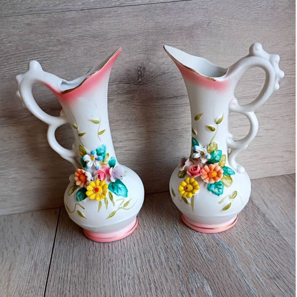 ROC Vintage Bisque Porcelain Bud Vases Lot of 2 Matte 3D Flowers Victorian Boho